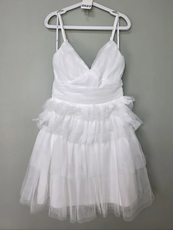 Lulus XS Special Poise White Tulle Pleated Sleeveless Tiered Mini Dress, Size XS - Picture 4 of 10